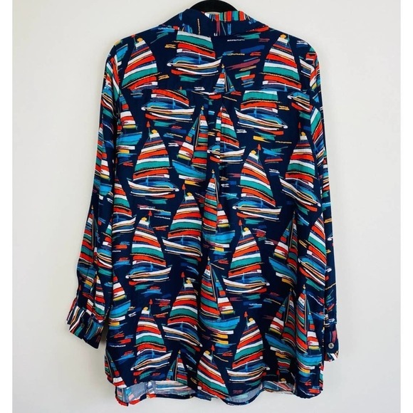 Soft Surroundings Sail Away Button Down Blouse Small Multicolor Nautical Playful - Picture 6 of 10